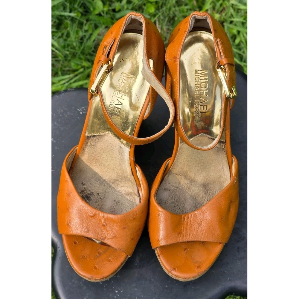 MICHAEL MICHAEL KORS Brown Leather Platform Cork Size 7.5 M 5" Wedge Sandals